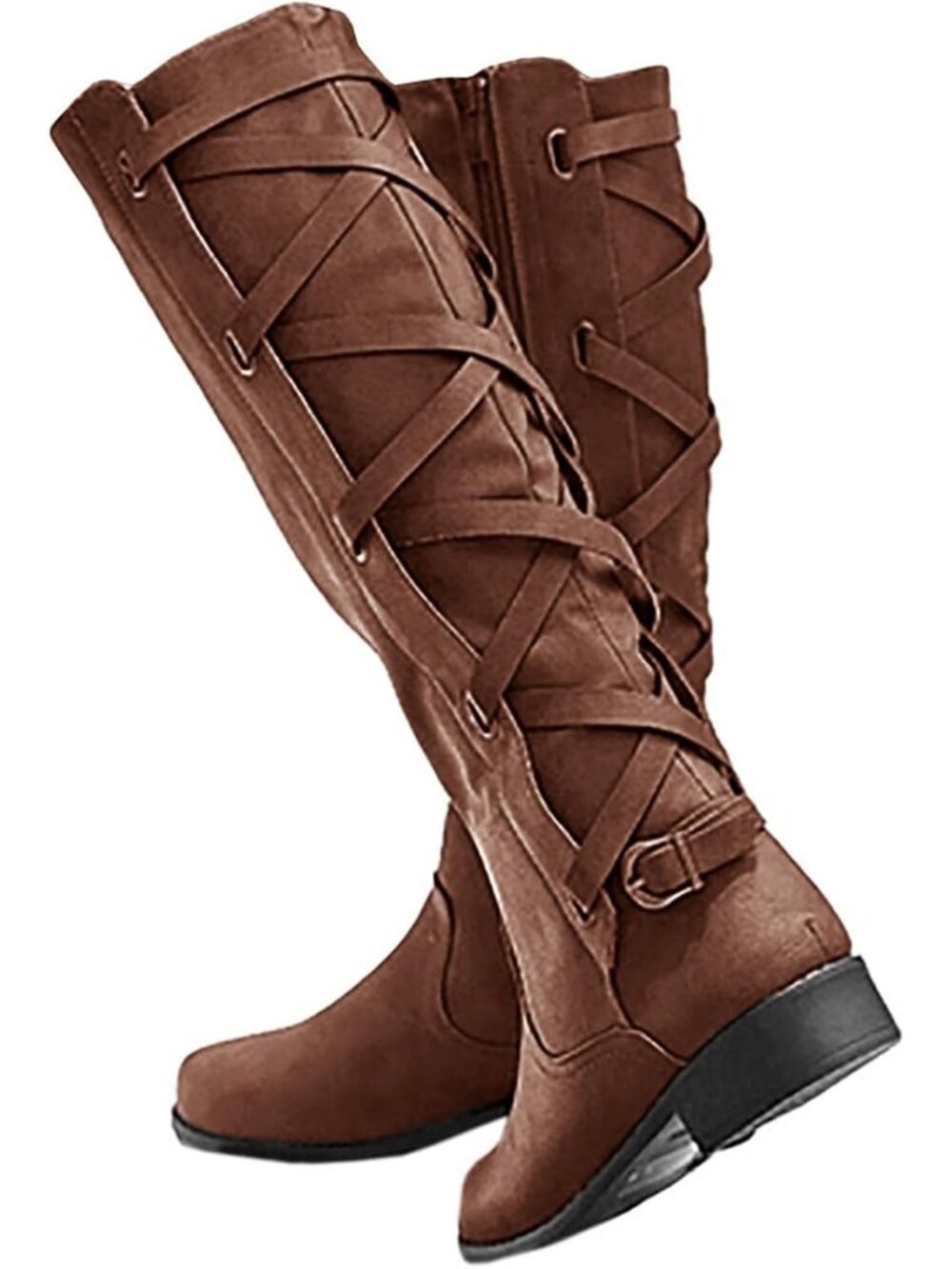 Women's Deep Brown Faux Leather Strappy Motorcycle Lace Up Low Heel High Boots
